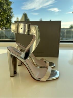 BCBGMaxAzria Silver Metallic Ankle-Strap Block Heels